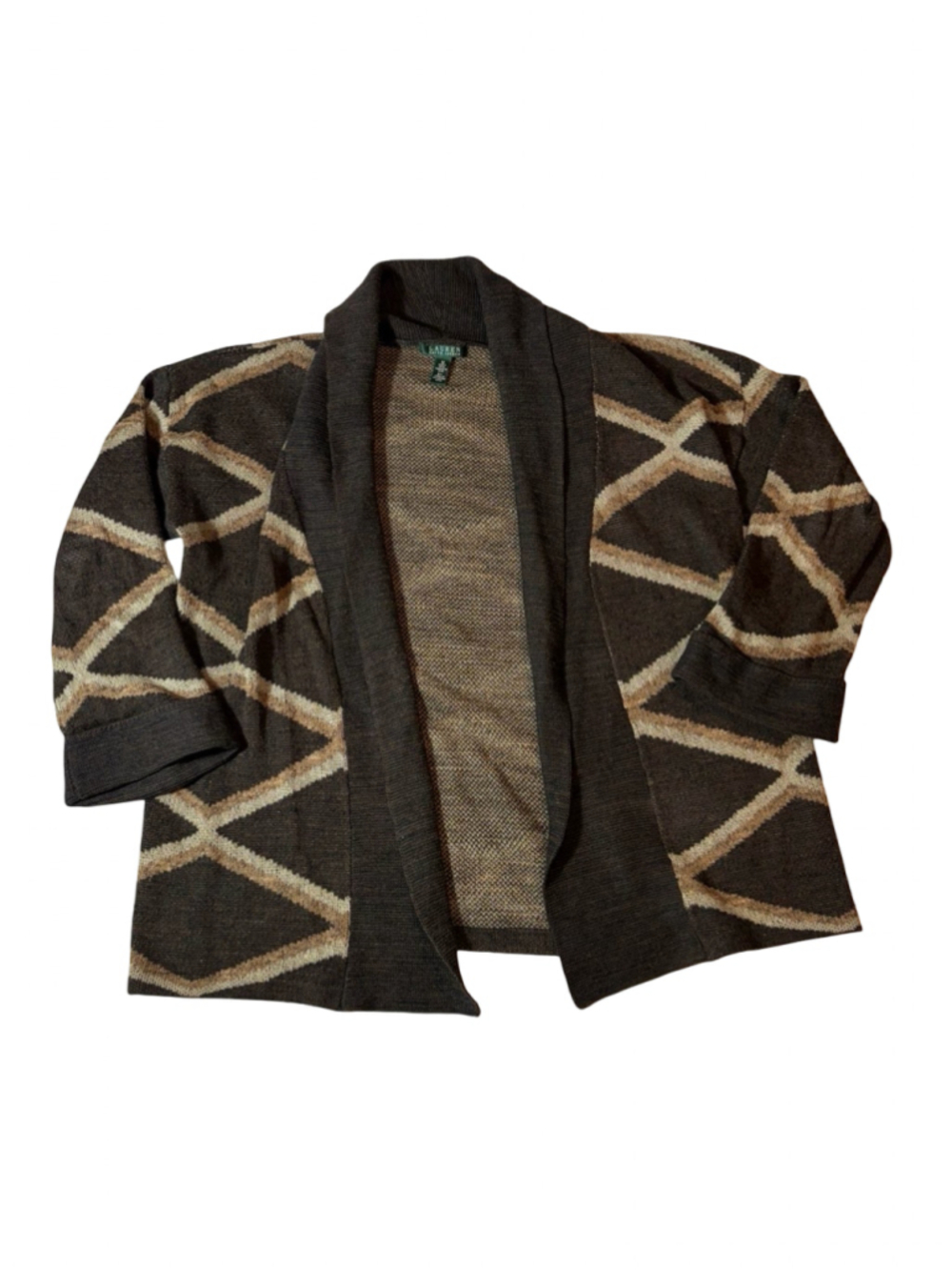 Lauren Ralph Lauren M Linen Cotton Geometric Shawl Collar Cardigan Sweater Brown